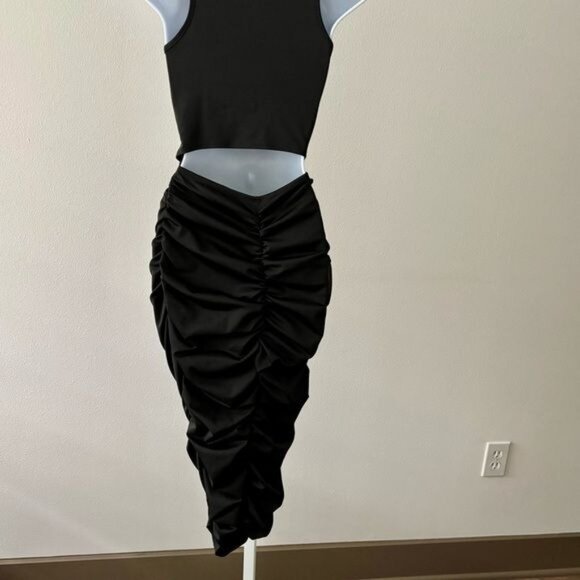 Ruched Dress Small Black Open Back BodyCon Festival Urban Streetwear Minimalist - Picture 2 of 12